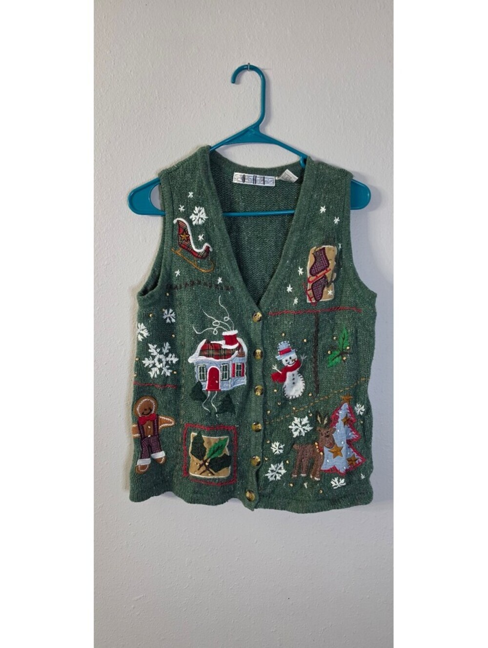 Vintage Green Christmas Sweater Vest Embellished Holiday Appliqué Button Front